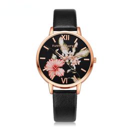 Brand Women Bracelet Watch Fashion Rose Gold Flowers Leather Simple Women Dress Watches Luxury Business Clock Watch