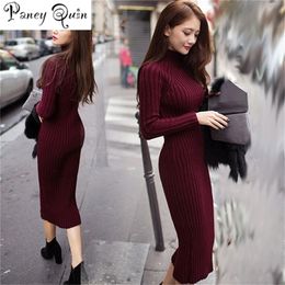 Women Winter Sweater Knitted Dresses Slim Elastic Turtleneck Long Sleeve Sexy Lady Bodycon Robe Dresses for women 220317