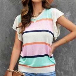 Womens Sexy Striped Top Blouse Striped Print Rib Knit Top Simple Crew Neck Basic Tops 2022 New Leisure Ladies Streetwear Solid L220706