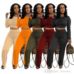 Women Tracksuits Two Pieces Set Designer Outfits Wear Solid Colour Leisure Pleated Long Sleeve Wide Leg Pants Ladies Sportwear