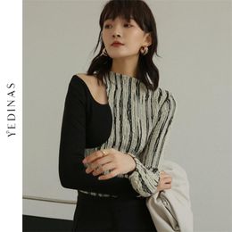 Yedinas Designer T Shirt For Women Sexy Hollow-out Ladies Patchwork Long Sleeve ee Femme op Underwear Chic 220328