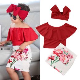 3pcs Lovely Kids Children Clothes Set Little Girls Red Ruffles Off Shoulder Tops Floral Skirt Headband Outfit Clothing Sets 220620