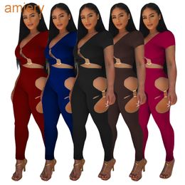 Sexy Two Piece Pants Set For Women 2022 Spring And Summer Solid Color Short Sleeved V-neck Hollow Cut Jogger Outfits