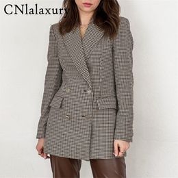 CNlalaxury Women Office Wear Double Breasted Plaid Blazer Coat Vintage Long Sleeve Pocket Female Jacket Outerwear Chic Tops 220726