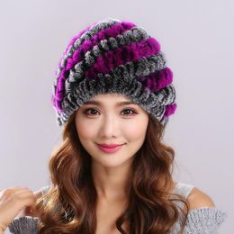 Winter Fur Beanies Cap Scarf Women Real Rex Rabbit Warm Hats Fluffy Soft