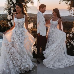Bohemian Line Sexy A Beach Wedding Gowns 2022 3D Florals Lace Backless Sweep Train Plus Size Boho Garden Bridal Party Dresses