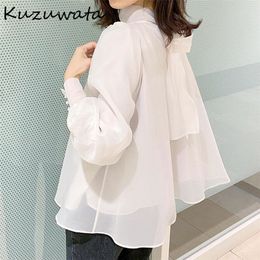 Kuzuwata Chic Voile Lantern Long Sleeve Bow Drawstring Shirts Spring Sweet Women Blouse Fresh Aesthetic Femme Blusas 210308