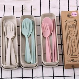 4 Sets Portable Wheat Straw Cutlery Spoon Chopsticks Fork Tableware set Daily Use Reusable Eco-Friendly BPA Free Utensils BBB14765