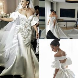 Vestidos de noiva de sereia de cetim com trem longo fora do ombro de mangas meio compridas vestidos de noiva modestos vestidos de noiva boho feitos personalizados