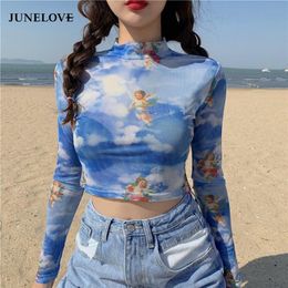 JuneLove Angel Print Sheer Blue Black Mesh Long Sleeve Blouse Shirts Women Spring Summer Pullovers Elegant Sexy See Through Tops 220810