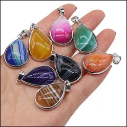 Arts And Crafts Arts Gifts Home Garden Fashion Stripe Agate Stone Charms Waterdrop Sier Color Edged Pendant Diy For Brac Dhq5H