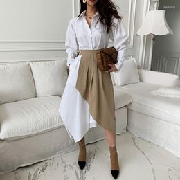 Casual Dresses Women Clothes 2023 White Party Dress Office Irregular Shirt Elegant Long Sleeve Female Pleated Spring 2 Pieces