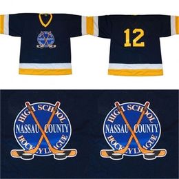 MThr PX Hockey Jersey #12 With Nassau County High School 100% Stitched Embroidery s Hockey Jerseys Black vintage