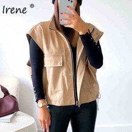 Irene Sleeveless Faux Leather Jackets Women Autumn Winter Fashion Pockets Zipper PU Vest Coat Jackets 2020 Streetwear L220728