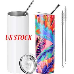 US STOCK 20oz Sublimation Mugs Tumblers Straight Blank White Stainless steel with Lid Straw 20 oz Double Vacuum Insulated Water Bottles Outdoor Sports Cups B0510