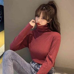 autumn and winter wear semi-high neck bottoming shirt long-sleeved T-shirt women's bright inner wear warm clothes trend 210412