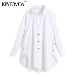 KPYTOMOA Women Fashion With Side Buttons Loose Asymmetrical Blouses Vintage Long Sleeve Pockets Female Shirts Chic Tops 210326