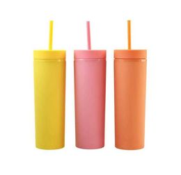 16oz Acrylic Mugs Tumblers With Color Straws and Lid Matte Colors Double Wall Water Bottle Coffee Drinking Plastic Sippy Cup