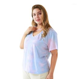 T-Shirt da donna 2022 Summer Female Plus Size Tops per donna Large Short Sleeve Casual Loose Paillettes Camicia con scollo a V Rosa 4XL