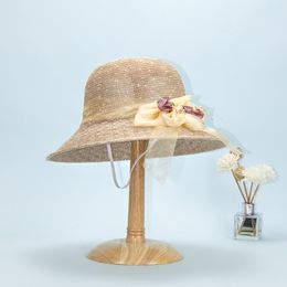 Summer New Women's Sun Hat Lace Bow Floral Ribbon Top Hat Dome Simple Wild Breathable Sunscreen Straw Hat Seaside Beach