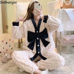 Women Coral Fleece Pyjama Sets Big Bow Sweet Buttons V Neck Long Sleeve Flannel Nightwear Soft Thicken Warm Pyjamas dent Cute L220803