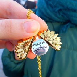 Chains You Are My Sunshine Open Locket Sunflower Necklace Boho Jewelry Stainless Steel Friendship Gifts Bff Letter CollierChains