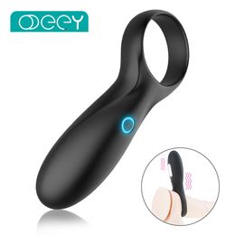 USB Charge 10 Mode Vibrating Penis Ring with Testicle Men Longer Lasting Erection Double Cock Clit Vibrator for Couple
