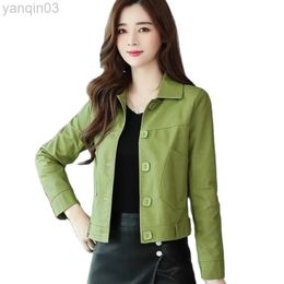 Short Green Leather Jacket Women's Casual Loose Single Breasted Faux Leather Coat Sping Autumn Big Pocket Motorcycle Outwear Q52 L220801