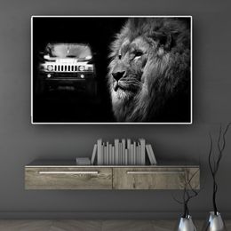 Wall Art Lion Canvas Painting Black and White Car Wild Animals Posters and Prints Modern Wall Picture Living Room Cuadros Decor