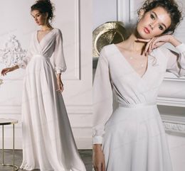 Simple Long Sleeves Chiffon Wedding Dress 2022 V-Neck Floor-Length For Bride Robe De Mariée Custom Made Behomia Vestidos De Noiva