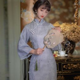 Women Dress Cheongsam Chinese Style Skinny Beaded Embroidery Three-Quarter Sleeve Vintage 2022 Spring Clothing Casual Dresses