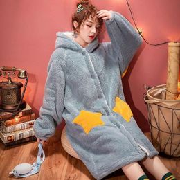 Women's Sleepwear Women Thick Coral Fleece Robe Cute Hooded Nightgown Nightwear Winter Warm Flannel Nightdress With Pocket Long BathrobeWome