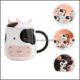 Mugs Drinkware Kitchen Dining Bar Home Garden 450Ml Ceramic Cow Coffee Mug Tea Cup With Lid And Spoon For Office Drop D Dh0Ey