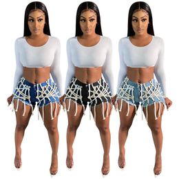 Fashionable Women Shorts Jeans String Tassels Design High Waist Ripped Straight Casual Denim Club Streewear Summer W220326