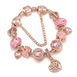 New Rose Gold Charm Bracelets Charms Crystal Family Tree Pendant Five Petals Flower Dangle For Women Original DIY Jewelry Fit European Charm Bracelet Women Gift