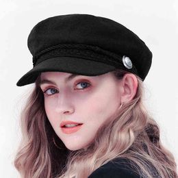 Women Men Military Hat Spring Autumn Sailor Hats Pu Leather Ladies Beret Caps Flat Top Captain Cap Travel Cadet Octagonal Hat J220722