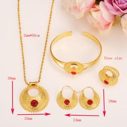 Ethiopian Set Jewellery Pendant Earrings Ring Bangle 18k Solid Gold Fine CZ red Africa Bride Wedding Eritrea Party Gift