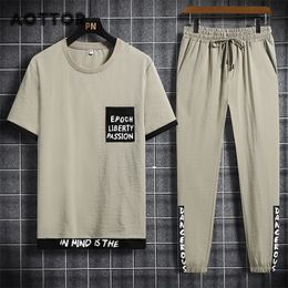 Men s Sets Hip hop Clothes Streetwear Spring Summer Outfit Male T shirt Pants Two Pieces Fashion Set Casual Pullover Plus Size 220621