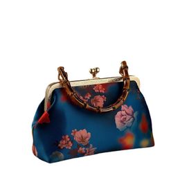 Evening Bags Women Silk Printed Flowers Bag Bamboo Handel Handbags Totes Wedding Clutch Wallets 2 Colours Drop