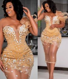 2022 Plus Size Arabic Aso Ebi Gold Luxurious Sheath Prom Dresses Beaded Crystals Evening Formal Party Second Reception Birthday Engagement Gowns Dress