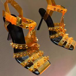 Fashion Sandals summer latest PVC Rhinestone womens Square toe shoes Luxury Designer 10cm stiletto Roman back Foot strap leather sole Su