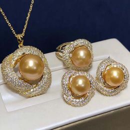 9-10mm south sea Golden stud orange pearl pendant earring set