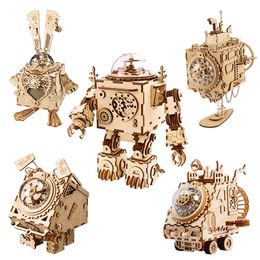 Robotime ROKR Robot Steampunk Music Box 3D Wooden Puzzle Assembled Model Building Kit Toys For Children Birthday Gift 220715