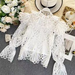 High quality Spring Flare Sleeve Turtleneck white Lace Hollow Out Embroidery Blouse Women Ruffles Shirt Women Fashion Clothes T200322