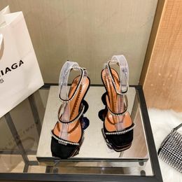 Luxury Designer Amina Muaddi x AWGE sandals New clear Begum Glass Pvc Crystal Transparent Slingback Sandal Heel Pumps Gilda embellished Blue satin sandals shoes