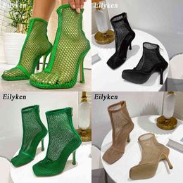 Dress Shoes Eilyken 2022 New Design Green Black Square Toe Mesh Stretch Fabric Sock Boots Fashion Sexy High Heels Sandals 220507