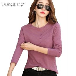 Long Sleeve Women Bamboo Cotton Casual Solid T-shirt Spring Female Loose Fashion Button T Shirts O-neck Green Purple Tops 220402