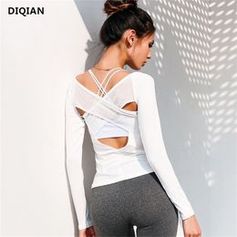 Women Open Back Yoga Top Shirts White Mesh Cross Back Sport Shirt Long Sleeve Backless Yoga Fitness Workout Gym Running TShirts T200401