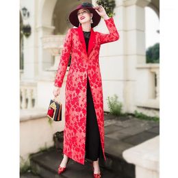 Women's Trench Coats Women Coat 2022 Lady Red Turn Down Collar Elegant Formal Autumn Winter Jacquard X-long Overcoat Plus Size M-4XL