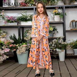 Mother Kids Girls Family Matching Clothes Sweet Orange Floral Maxi Dresses Middle East Parent-Child Clothes Muslim Outfits Fall